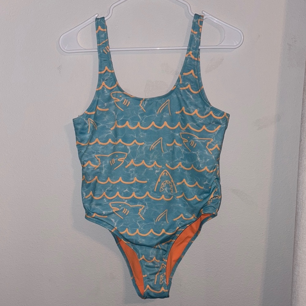 chubbies Teal Shark-Print One-Piece Swimsuit with Orange Accents